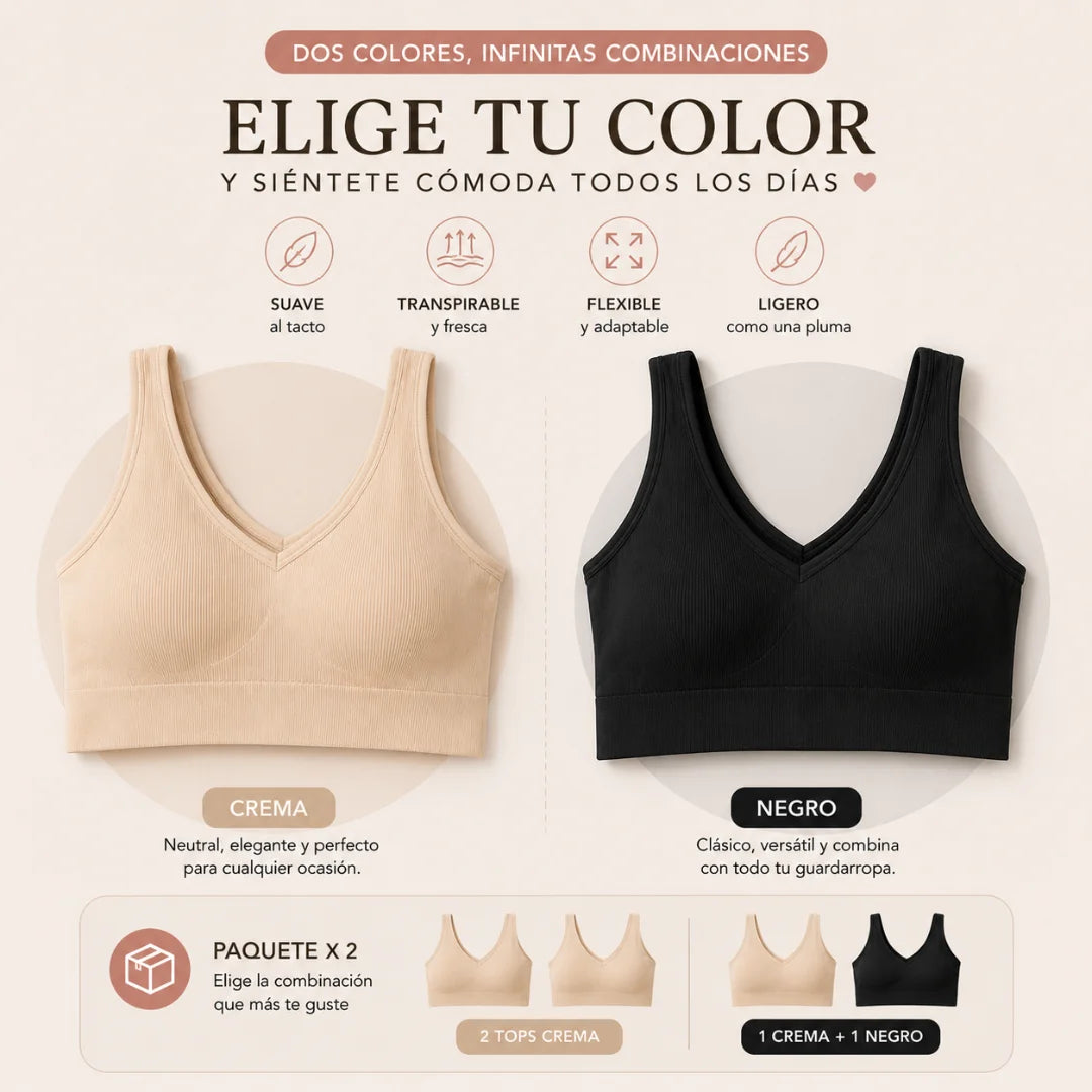 Top Seamless sin varillas disponible en colores crema y negro, presentado en paquete x2 con opción de dos tops crema o un top crema y uno negro.