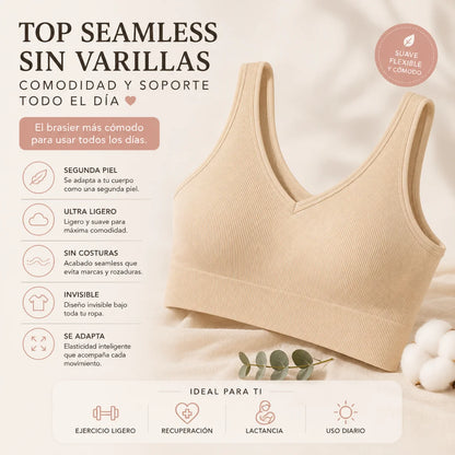 Top Seamless sin varillas color crema con diseño sin costuras, tela elástica y soporte ligero que brinda comodidad durante todo el día.