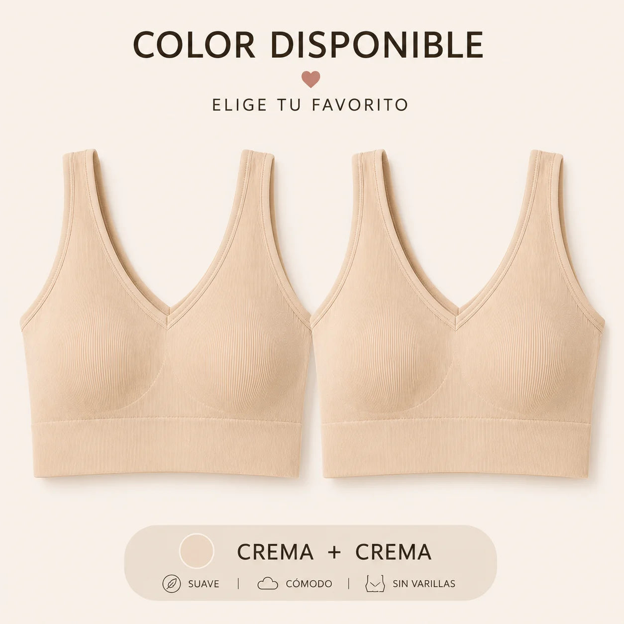 Top Seamless sin varillas en color crema, paquete x2 con dos tops color crema, diseño sin costuras, soporte ligero y máxima comodidad para uso diario.