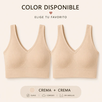 Top Seamless sin varillas en color crema, paquete x2 con dos tops color crema, diseño sin costuras, soporte ligero y máxima comodidad para uso diario.