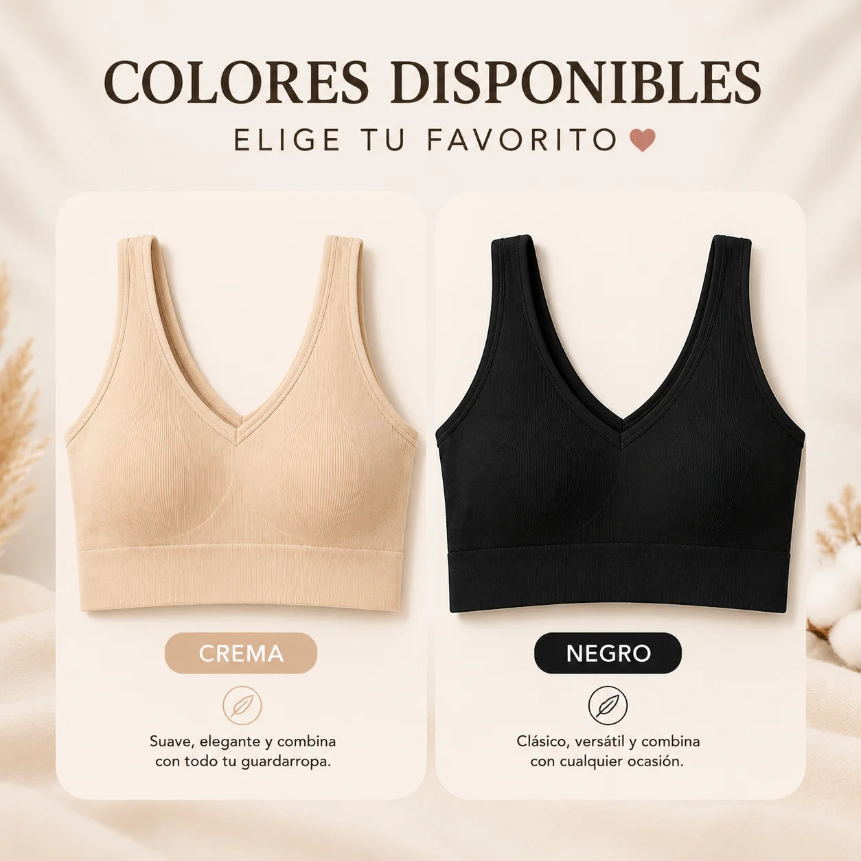 Top Seamless sin varillas en combinación de colores crema y negro, paquete x2 con diseño sin costuras, soporte ligero y máxima comodidad para uso diario.