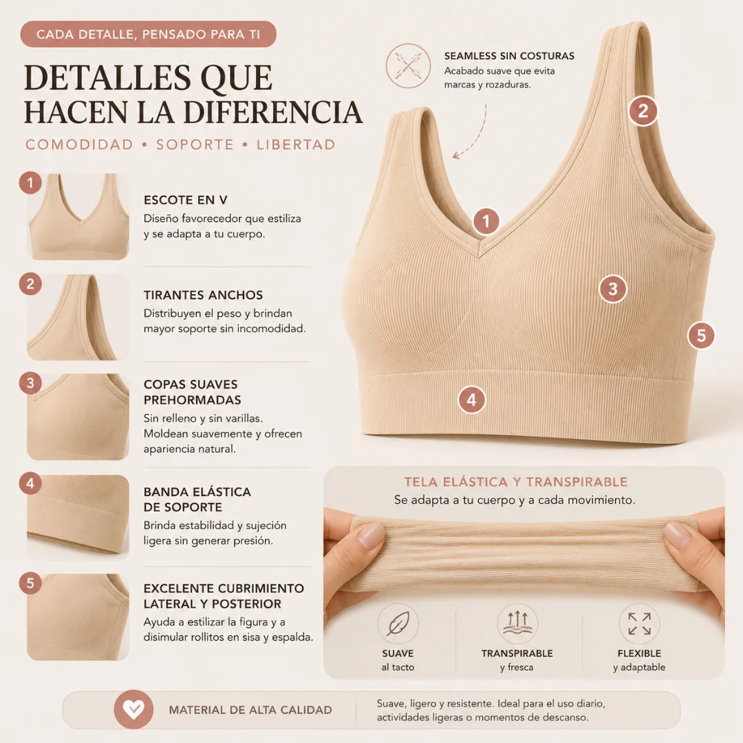 Detalle del Top Seamless sin varillas color crema mostrando escote en V, tirantes anchos, copas suaves prehormadas, banda elástica de soporte y tela elástica transpirable con tecnología seamless.